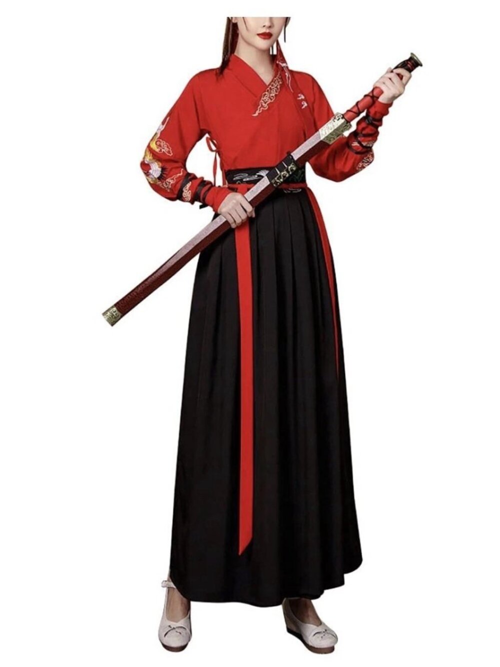 Women"s Hanfu Cosplay Costume (L) Red Crane Embroidered Top Black Skirt No Sword